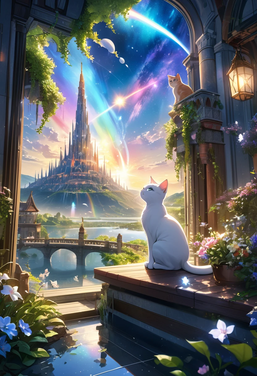 (8K、Raw photo、highest quality、look up:1.2、masterpiece:1.2、genuineistic、ultra high resolution、high contrast、photon mapping、genuine、Super detailed、official art, Raw photo、professional lighting、 light、Vivid atmosphere、twicelight) , (1 girl), (One white kitten), Continuing from the sky to the earth、A majestic tower、A girl and a kitten are looking out from the terrace。Behind the majestic tower、When the sun rises、Stars in the sky々And the Milky Way shines、The city of the future appears in the air like a heat haze.、On the ground、Surrounded by greenery、A medieval Roman city-state on the shores of a lake、Shining in the morning sun。An atmosphere that exudes the excitement of adventure。An atmosphere that makes you feel happy and joyful。High Fantasy Worldview, Beautiful depiction of grand composition and proportions, Guardian nebula of rainbow light and silvery vapor, Corrosive Encirclement Ray Family Color, slimy air feeling, The world shines with kindness and joy., A spectacular tale,
