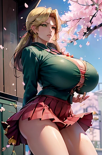 ((woman,huge breasts, (huge breasts:1.8),とても唇が赤いhuge breastsを強調,big ass,thin waist,long legs,green eyes立っている)) 8k((((anime style),(Good at drawing faces))))8k(((((anime style)green eyes)))) 8k((Standing at the station))8k((Waiting for a train at the station))8k((early morning))8k((beautiful woman))((学生blazer15歳学生服 緑のネクタイ, blazer, pleated skirt))8k(((((spring,cherry blossoms,The wind is blowing,the skirt is turned up,cherry blossomsが散っている:1.3)))))
