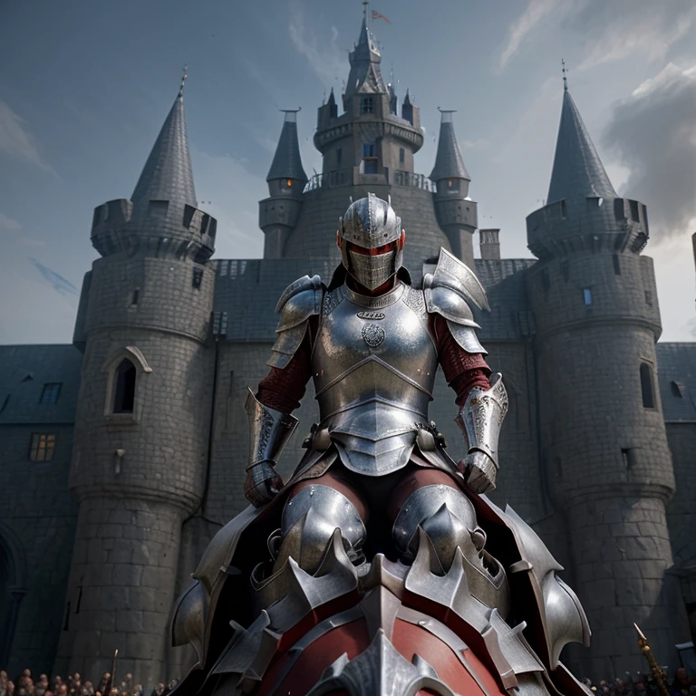 young knight,Luxurious silver and red armor,Ride an armored dragon,flying over the army,fire war,Fantasy type,There is a dark castle in the distance..