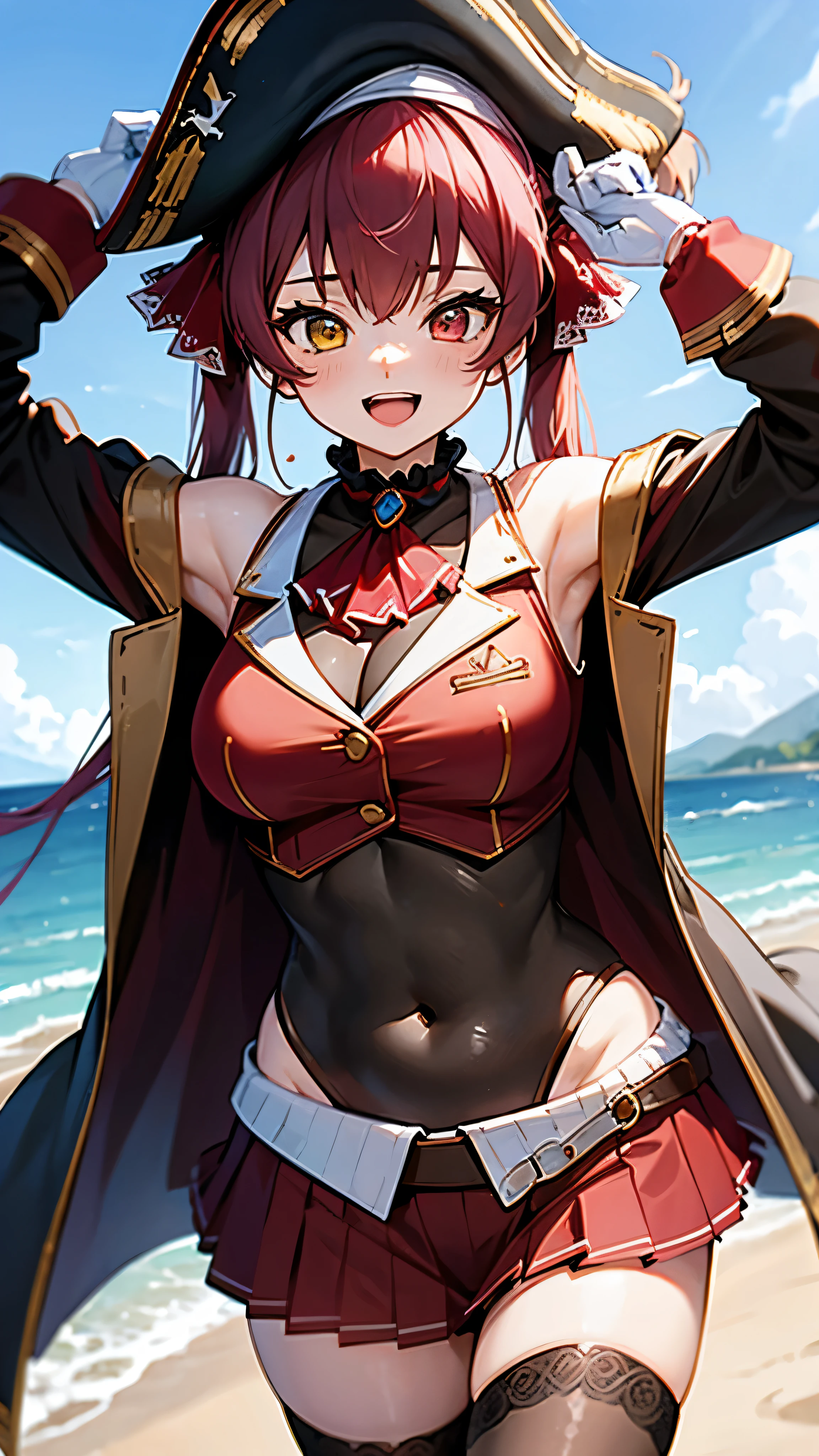 (highest quality, 8K, 32k, perfect body, super detailed face), houshouBase, heterochromia, red eyes, yellow eyes, twintails, long hair, hair ribbon, large breasts, white gloves, frilled choker, red ascot, leotard, leotard under clothes, red jacket, cropped jacket, sleeveless jacket, black coat, off shoulder, bicorne, red skirt, miniskirt, leather belt, black thighhighs, sea, sky, ship, smile, open mouth, (navel close up1.2), cowboy shot, 