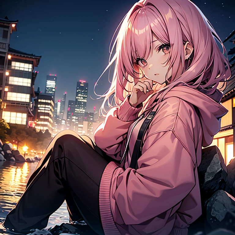pink hair, medium length hair, brown eyes, girl, warm، pink hoodie, 18 years, night city, asian, outside of city, sitting on a rock, on mountain,japan