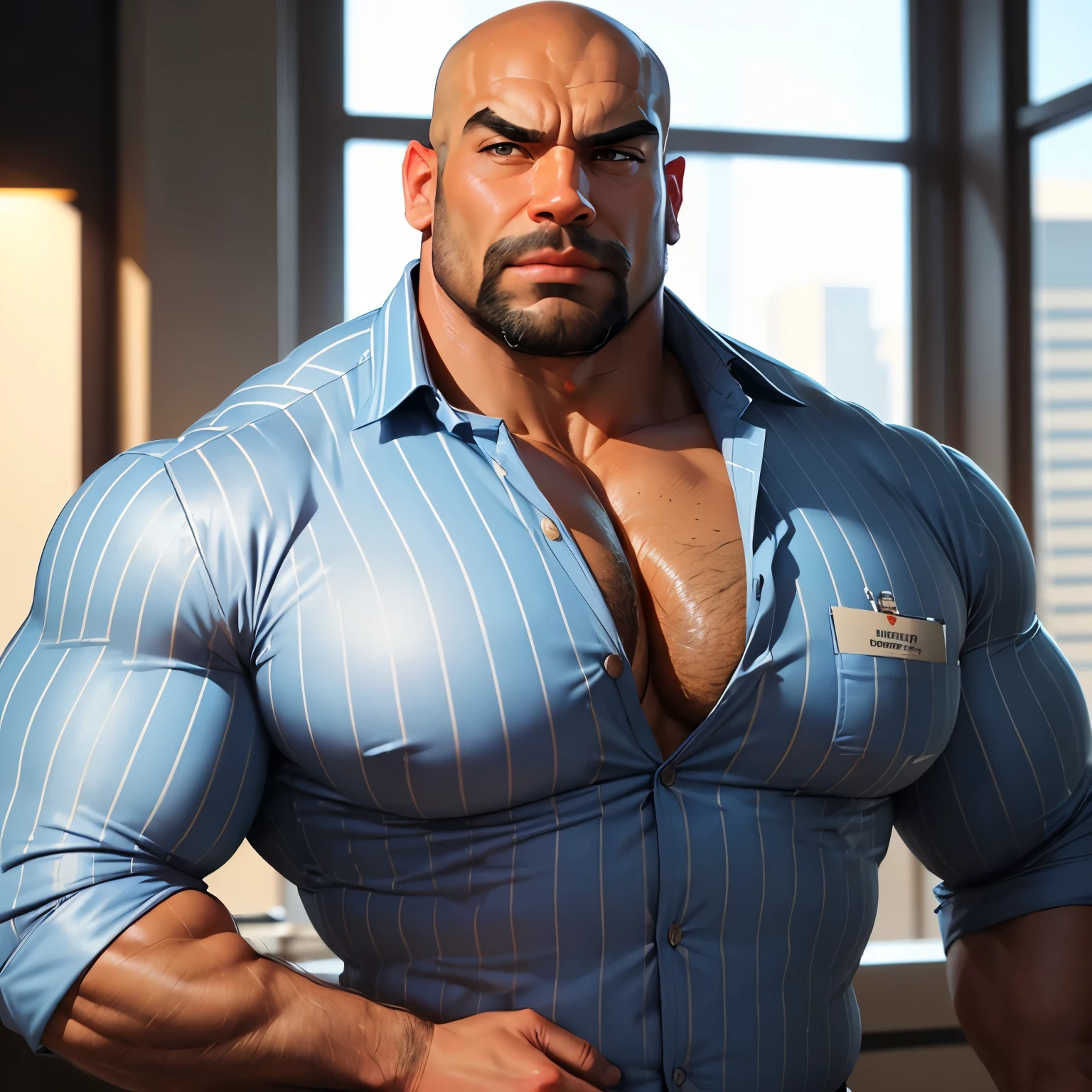 an exaggeratedly muscular and large bald bodyguard, beefy build, beard, mixed race, tan skin, (wearing striped blue business casual buttoned shirt: 1.2), name tag, (bara pecs: 1.3), (arm and chest hair: 1.1), close-up portrait HD, bright corporate office with large windows