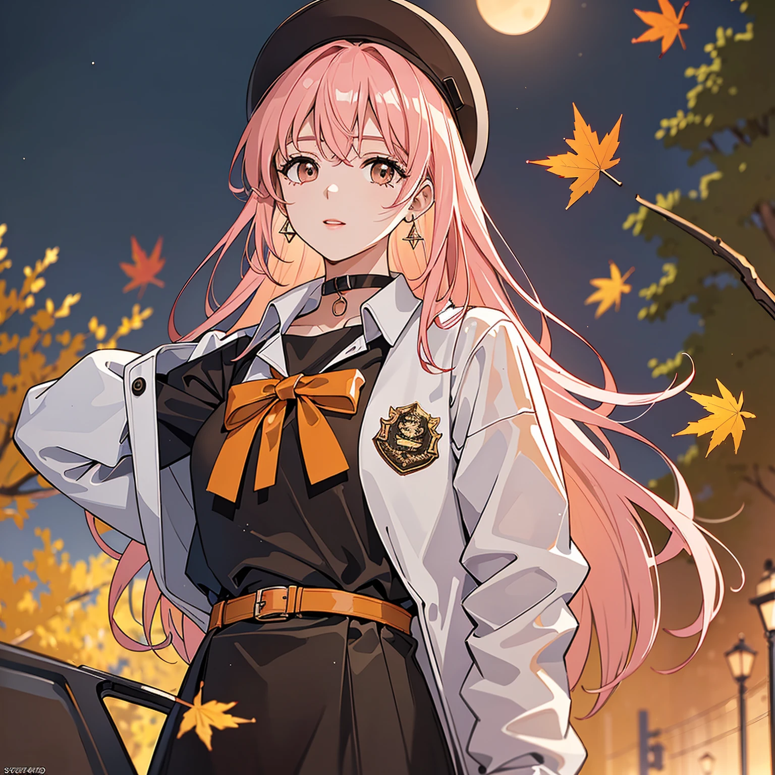 (masterpiece, high quality, 4k:1.4), 1girl, solo, pink hair, brown eyes, double-parted bangs, long hair, (mature female, mature:1.2), mole under eye, choker, earrings, black sleeveless top, short beige skirt, white jacket, autumn, orange and red leaves, streetlight, night sky, moonlight, close up