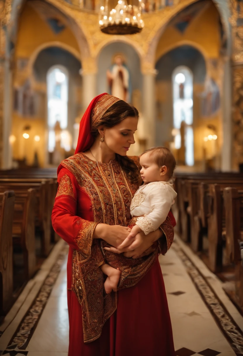 Orthodox Christian woman with a or two children, one in her arms, one held by the hand, in the Orthodox church
