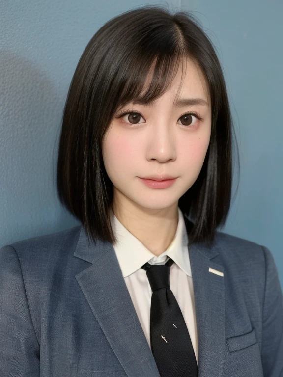 (kawaii 24 year-old Japanese girl, Nogizaka idol, Korean idol), healthy female athlete body, (glossy black hair, messy very short hair, messy pixie cut, symmetric and even length hair:1.3), (forehead), (rounded face, black eyes, single eyelid, no makeup, serious expression:1.2), (wearing suit jacket, collared shirt, necktie:1.3), (flat chest, extra small breasts), (looking at viewer:1.2), BREAK, (plain blue wall background:1.3), (portrait, id photo, yearbook, view from straight forward:1.3), face focus, BREAK, (masterpiece, best quality, photo realistic, official art:1.4), (UHD, 8K quality wallpaper, high resolution, raw photo, golden ratio:1.2), (shiny skin), professional lighting, physically based rendering, award winning, (perfect anatomy, highly detailed skin, extremely detailed face and eyes), Carl Zeiss 85 mm F/1.4, depth of field, 1girl, solo,