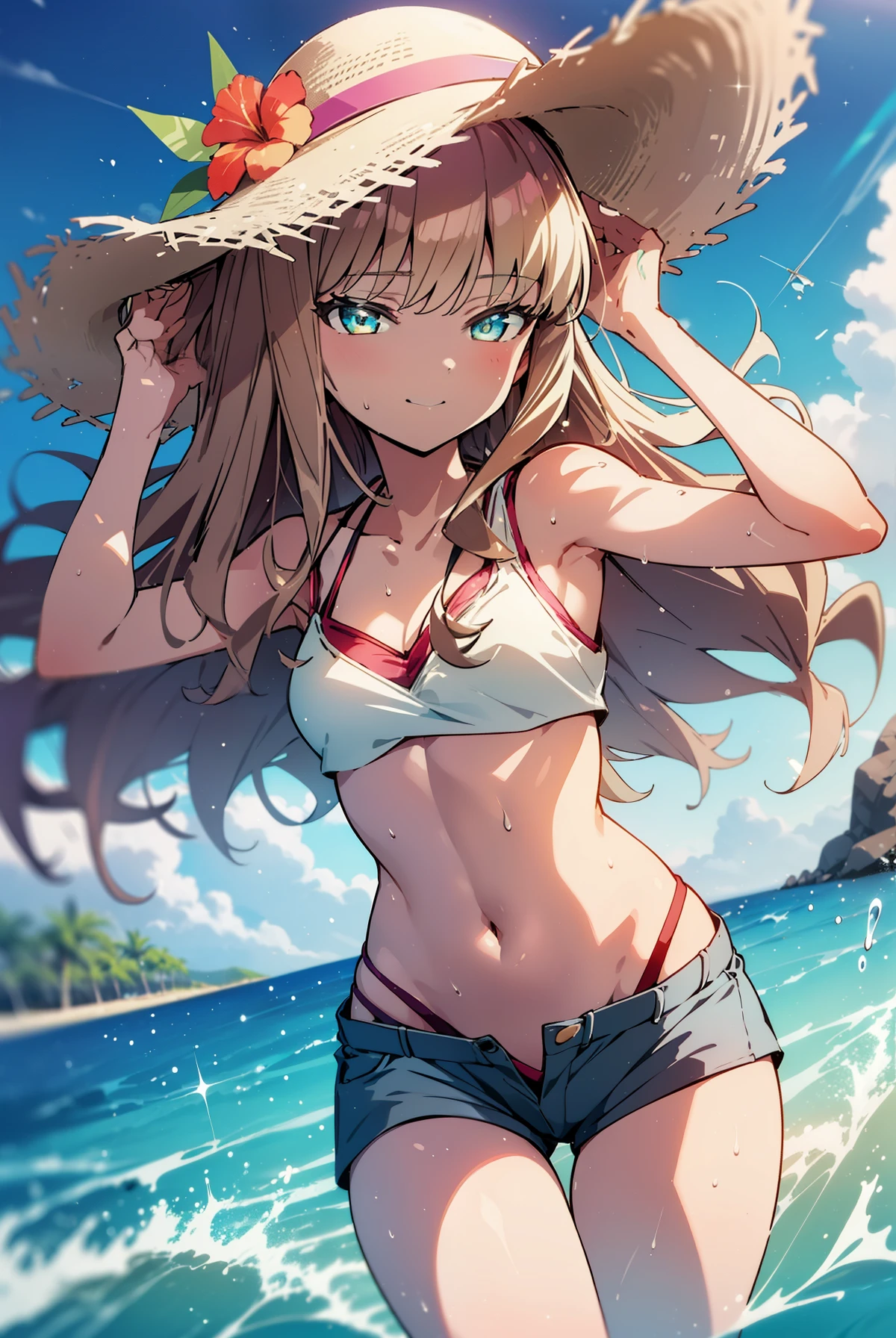 A tropical dream bud,A tropical dream bud　sss Dynazenon ,brown hair,long hair,green eyes,big straw hat,smile,blush,hibiscus hair ornament,blue bikini swimsuit,barefoot,ビーチのsandy beachを散歩しながら,Sky blue hair fluttering in the wind,(cowboy shot:1. 5)
rest outdoors, sandy beach,seaside, (masterpiece:1.2), highest quality, High resolution, unity 8k wallpaper, (shape:0.8), (thin and beautiful eyes:1.6), highly detailed face, perfect lighting, Very detailed CG, (perfect hands, perfect anatomy),