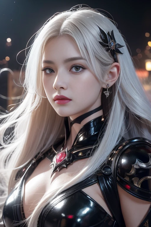 Portrait of a beautiful girl with wavy white hair, Wear a formal black dress with metallic pieces., conjunctivitis, Initials in the background, digital painting, dark color, 8k, complicated details, vintage, สไตล์ย้อนยุคแห่งfuture, Sharp focus on the center, pastel colors, art station, (sci-fi, future, future theme), (The expression was disdainful.), (Full picture) (detailed illustration)