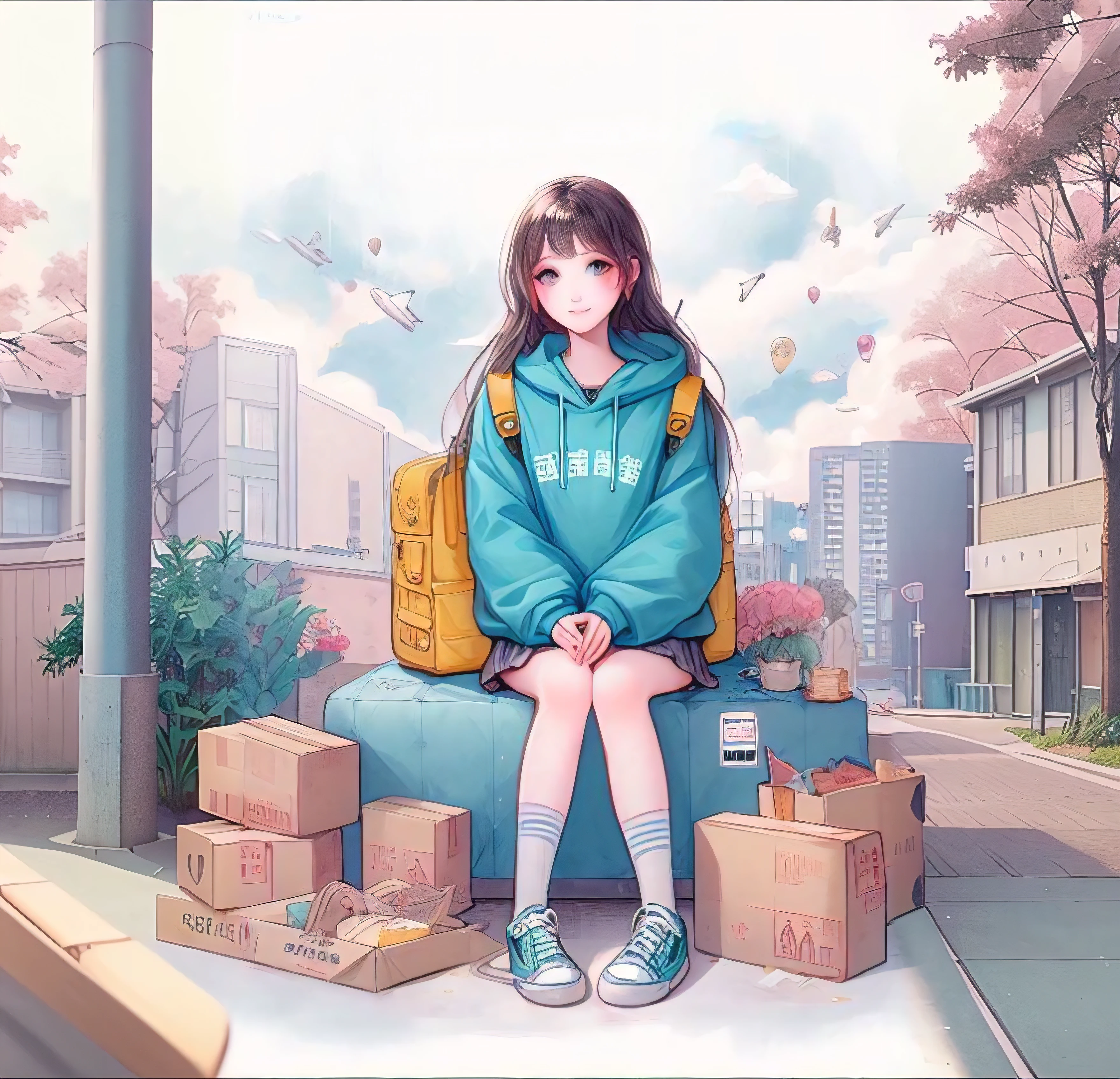 anime girl sitting on a bench with a backpack and boxes, lofi girl, Urban girl fan art, Anime visual of a cute girl, guweiz style artwork, cute anime girl, anime girl, High quality anime art style, young anime girl, an anime girl, Realistic anime 3D style, Beautiful anime high school girl, By Yumi