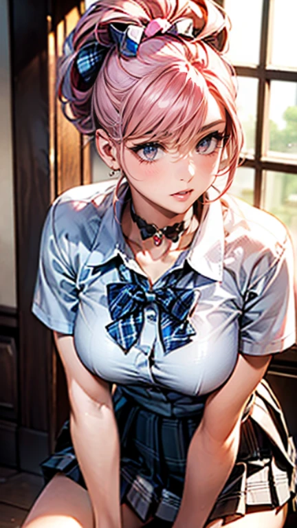 highest quality, masterpiece, 8K, photorealist, ultra high resolution, very delicate and beautiful, HDR, cinematic lighting, medium shot, portrait, perfect female body, Beautiful woman, mature woman, contrasting, put something on your head, looking at the viewer, (masterpiece:1.2, highest quality), (realistic, photorealistic:1.4), beautiful illustrations, 1 girl, Japanese, high School girl, ((pompadour:1.7, pink hair:1.3)), blown hair, bangs, hair between eyes, medium breasts:1.8,
beautiful hair, beautiful and detailed eyes, beautiful clavicle, beautiful breasts, beautiful thighs, beautiful feet, beautiful fingers,
(beautiful scenery), , School,
((collared short sleeve shirt, white shirt, , Grey plaid pleated skirt, blue plaid bow tie, choker)),
(Are standing, grab the hem of the skirt, put your hand on your chest, hand between legs, leaning forward),
blush, (shining eyes:1.6)