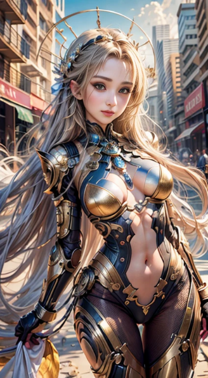 Virtual image,Realistic 8K images,hips up,Masterpiece,Complete Anatomy,Sharp details,Highest quality,long hair girl, flowing brown hair,(Brightly detailed face) With blue eyes,have beautiful breasts.,Small flat breasts,robot cyborg robot,bikini_white_orange_gold_metal,Light hits from the front and sides.,Afternoon sunshine,A smile corners his mouth.....,Turn to your side, spread your legs, Look at me......,The background is a deserted city......