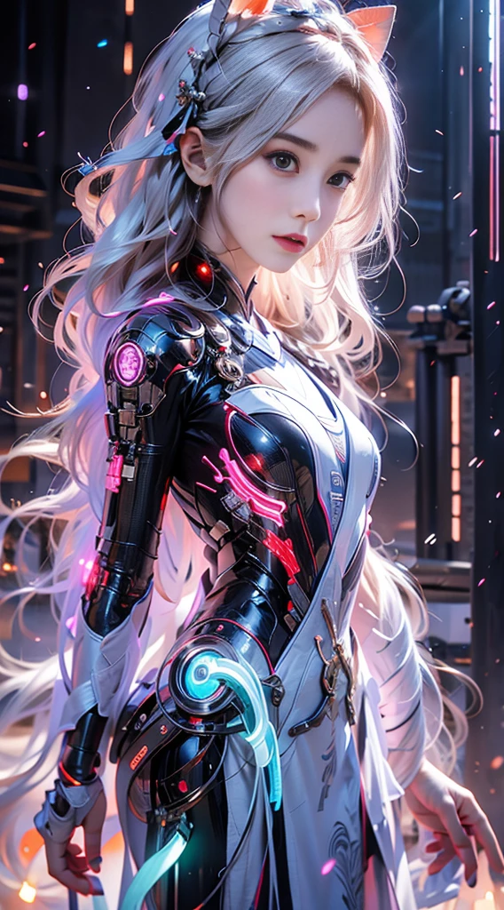 1 girl solo, Perfect_hand, (8K, RAW photos, best qualtiy, tmasterpiece:1.2), (realisticlying, photograph realistic:1.4), (Very detailed CG unity 8K wallpaper), full bodyesbian, (neonlight), Machop, Robotic arm, Hanfu, Chinese outfit, shift dresses,Bare chest,The chest is in the big point,Hair aperture,