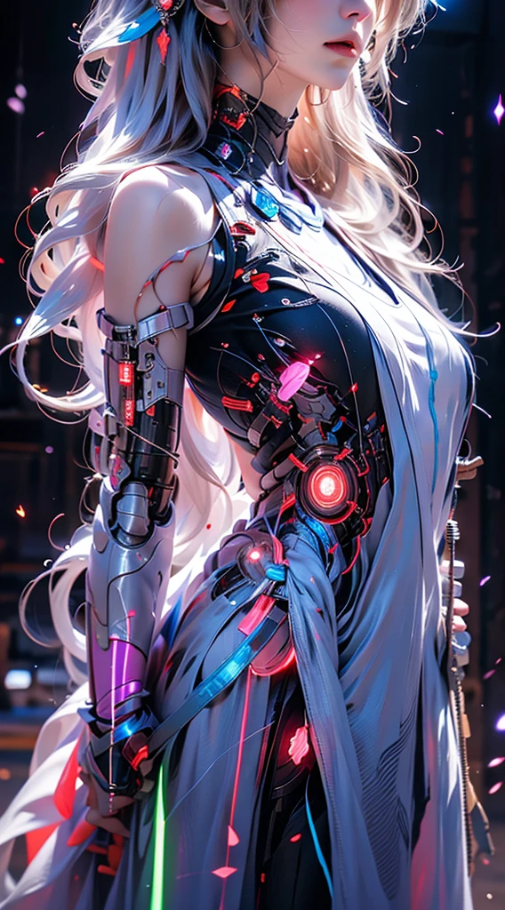 1 girl solo， Perfect_hand， （8K， RAW photos， best qualtiy， tmasterpiece：1.2）， （realisticlying， photograph realistic：1.4）， （Very detailed CG unity 8K wallpaper）， full bodyesbian， （neonlight）， Machop， Robotic arm， Hanfu， Chinese outfit， shift dresses，Bare chest，The chest is in the big point，Hair aperture，