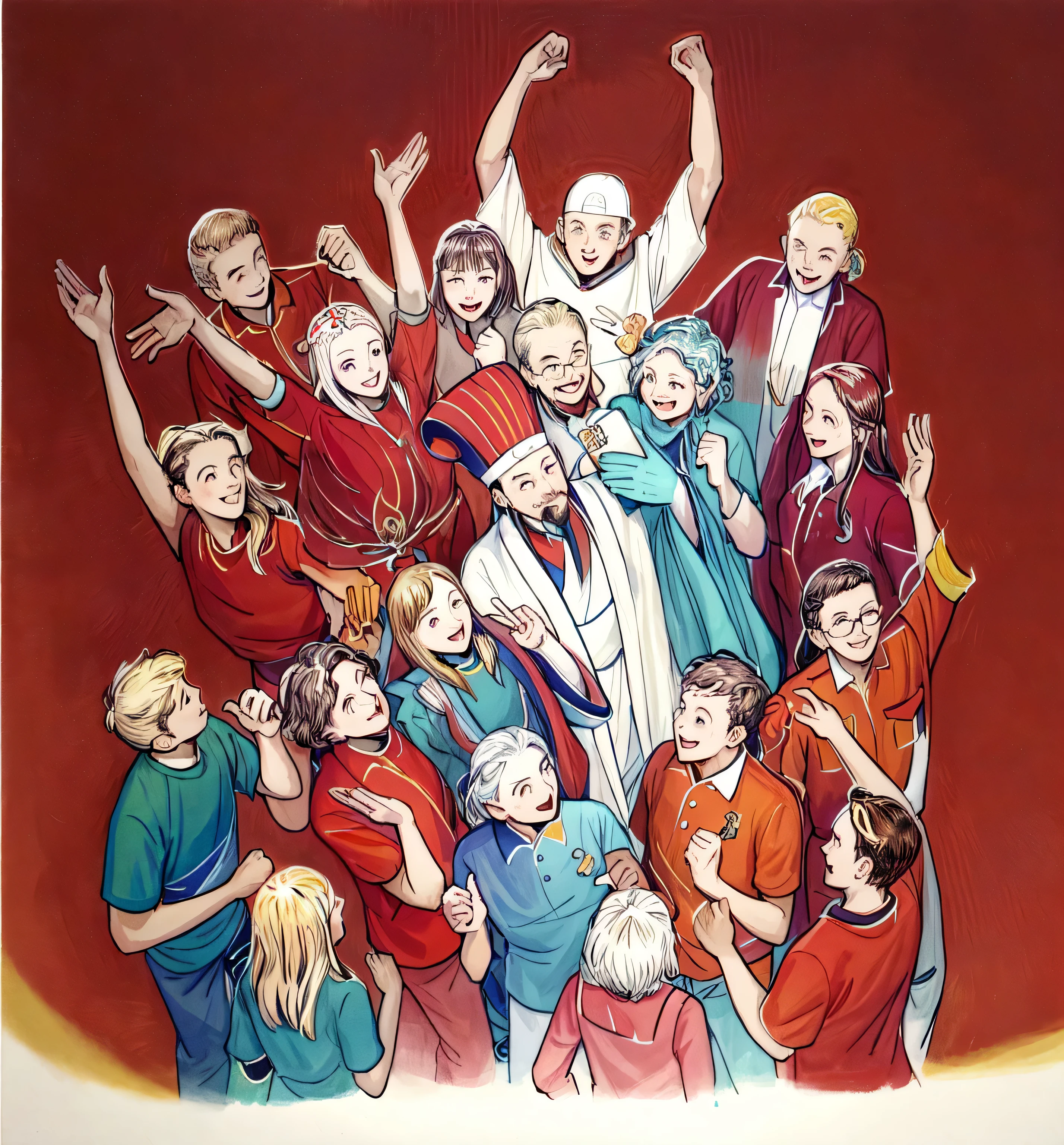 a drawing of a group of people standing together in a crowd, Celebrating the King&#39;s Coronation, author：Maximilian Vanka, crowd cheers, Full page illustration, a group of people, Official illustration, line art, line art illustrations, Ingrida Kadaka, crowd cheers, Below is the crowd, Pope worship, crowd cheers him