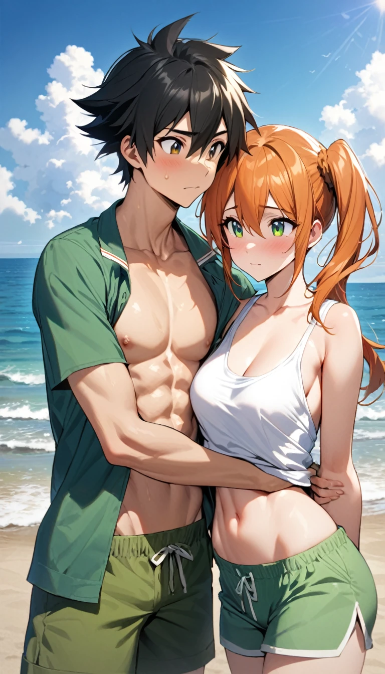 black hair, short hair, brown eyes, hair between eyes, ash ketchum, dark green shorts, shirtless, light blue open shirt showing his full chest and full abdomen muscles 

misty pokémon, orange hair, green eyes, side ponytail, white tank top showing her abdomen, green shorts, masterpiece, sun overhead, blue sky 

photograph of beautiful 18 year old couple, on beach, hugging, looking at each other