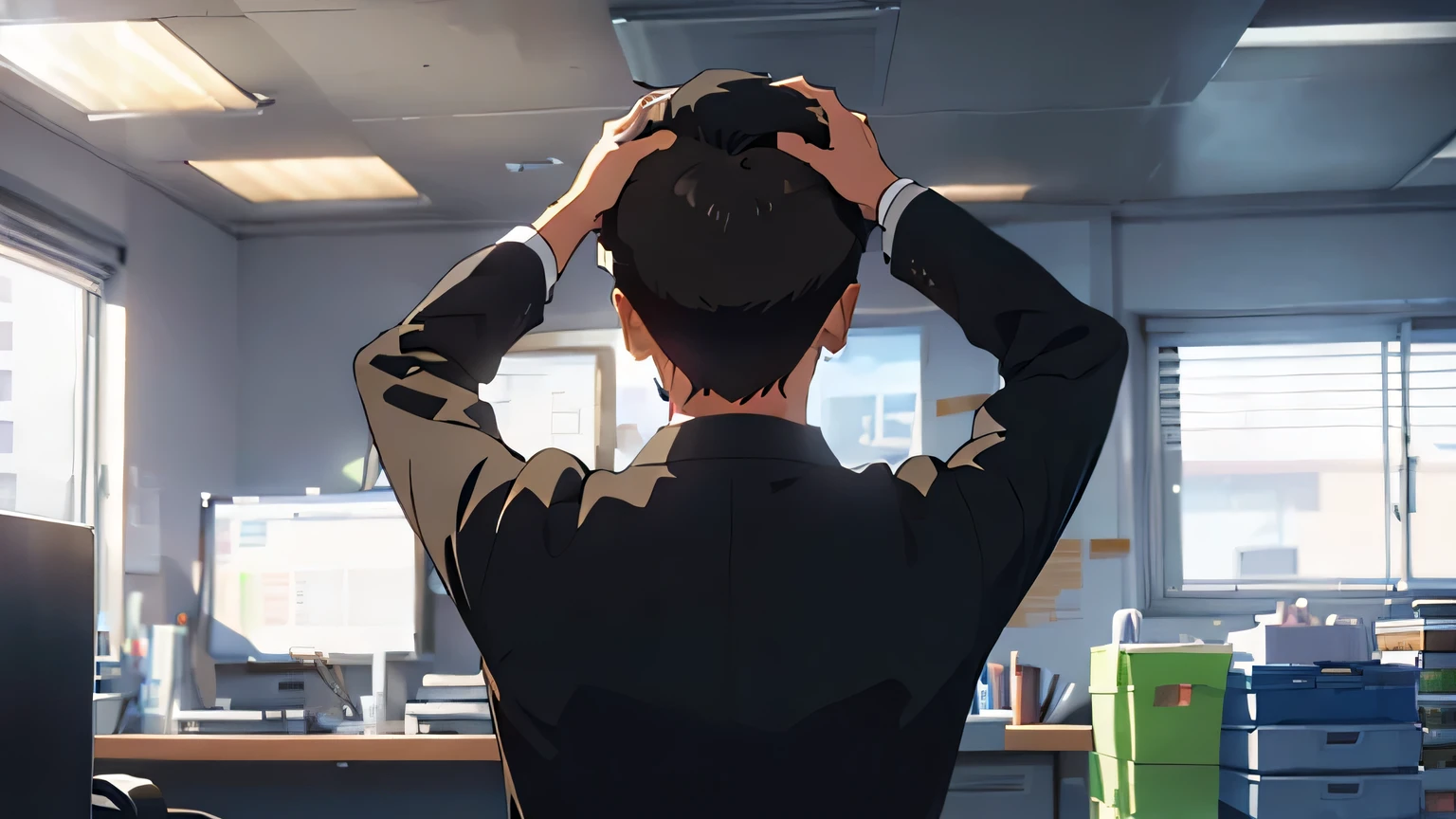Back view of a young male office worker scratching his head