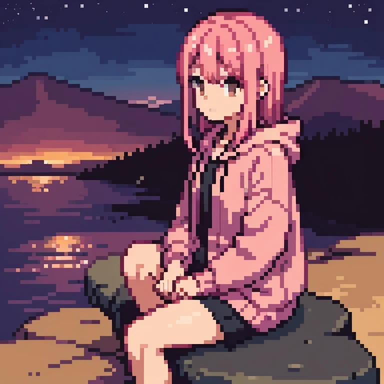 pink hair, medium length hair, brown eyes, girl, warm، pink hoodie, 18 years, night city, asian, outside of city, sitting on a rock, on mountain,japan