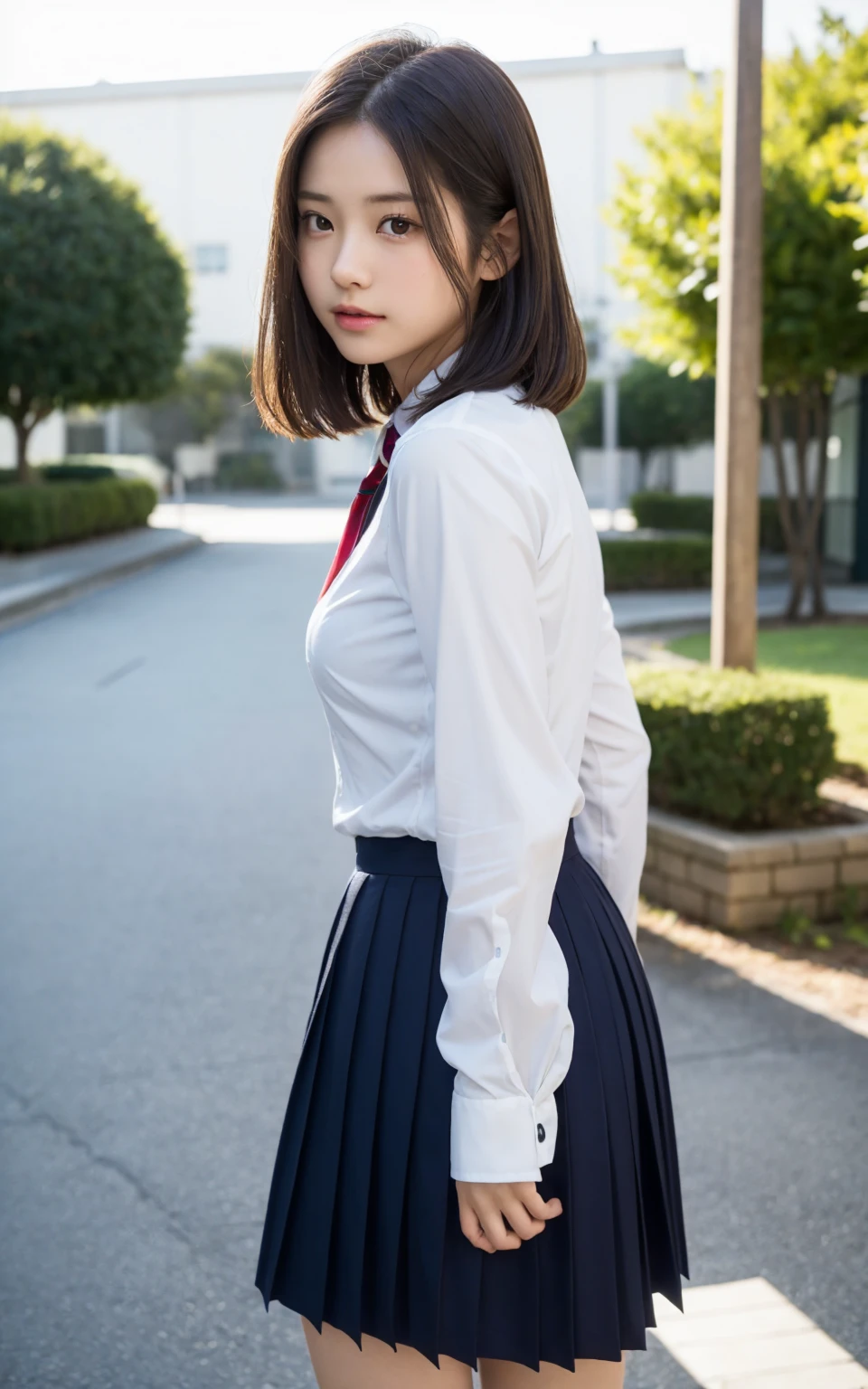 Best-quality, Masterpiece, Ultra-High-Resolution, (Photorealistic:1.4), Raw-Photo, 1girl, 15-years-old, the most popular Japanese idol, at Japanese-high-school, ((upturned ass)), dynamic-pose, innocent-smile, (wearing only Japanese winter high-school uniform), extremely beautiful thighs, extremely beautiful skins, extremely beautiful big-black-eyes, extremely cute face like the most famous Japanese idol, extremely beautiful black-short-cut-haired, extremely beautiful long-eyelashes, extremely beautiful lips, detailed Japanese-winter-high-school-uniform