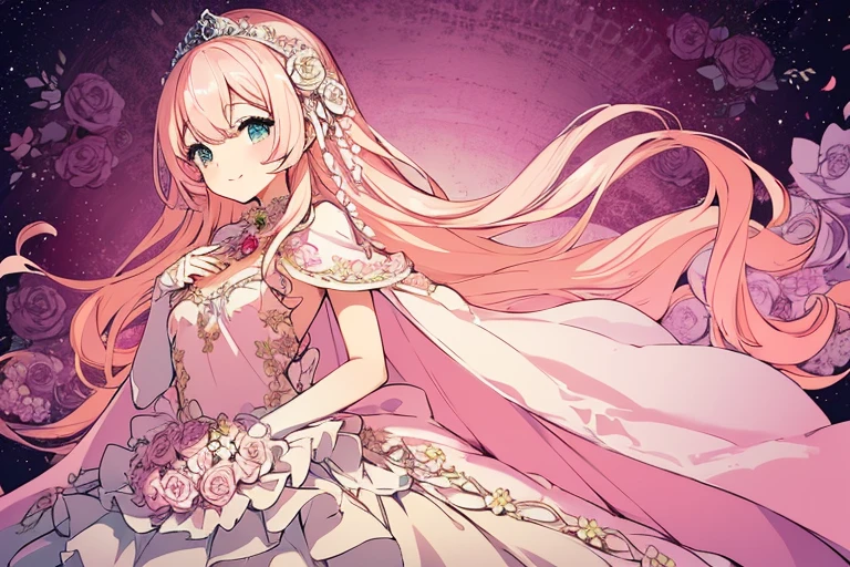 (kawaii),(best quality),(ultra detailed),(rococo style),(long train pastel pink cape:1.15), very long cape,(long train white ball gown with flower decorations:1.1), a girl is wearing a cape over her gown, 1 little princess, tiara, smile, very long hair, small breasts, beautiful detailed eyes, beautiful detailed lips
