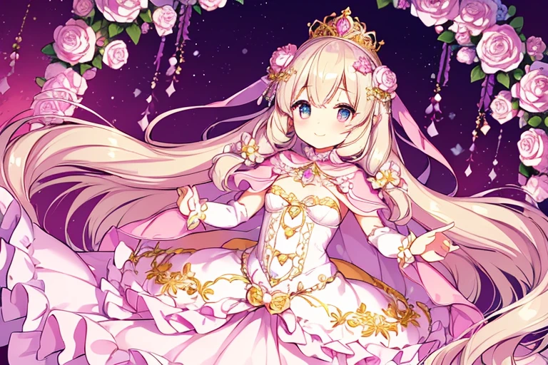 (kawaii),(best quality),(ultra detailed),(rococo style),(long train pastel pink cape:1.15), very long cape,(long train white ball gown with flower decorations:1.1), a girl is wearing a cape over her gown, 1 little princess, tiara, smile, very long hair, small breasts, beautiful detailed eyes, beautiful detailed lips