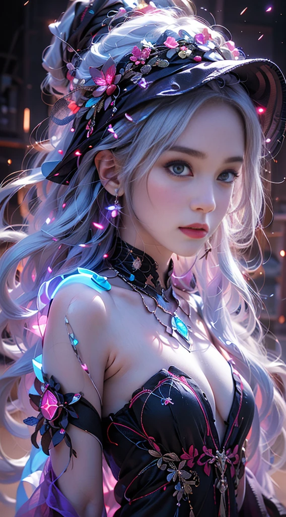 raw,8k uhd,A portrait of beautifully stunning woman, fair skin, surrounded by a swirling nanodusty plasma in glowing blue, vibrant colors, dynamic composition,A portrait of beautifully stunning lady witch, darkness fantasy,girl made of purple smoke,medium Breast, 1 witch Girl,Black dress,hat hood,fair skin, white hair, cinematic lighting,perfect composition