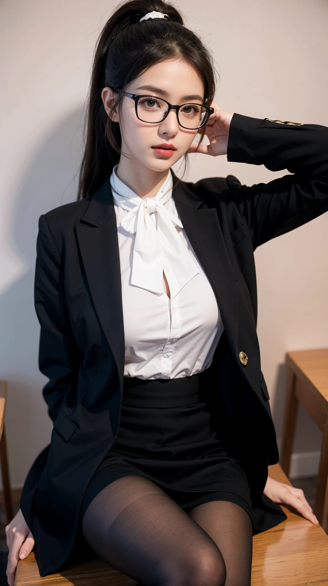 ((best quality)), ((masterpiece)), (detailed), (photorealistic:1.4), best quality, masterpiece, ultra high res, 1girl, (detailed face:1.2), (detailed eyes:1.2), (detailed hair:1.2), (detailed clothes:1.2), 4k, (detailed color:1.2), perfect face, beautiful body, pretty face, teenager female, perfect body, Ultra-high detail, Photorealism, Intimate atmosphere, flowing light, black straight hair, ponytail, glasses, wear a black coat, black coat, business coat, white blouse, polite uniform, white business blouse, black tie, black skirt, boss coat, black pantyhose, luxury pantyhose, sit on the boss chair, office room, facing at viewer
