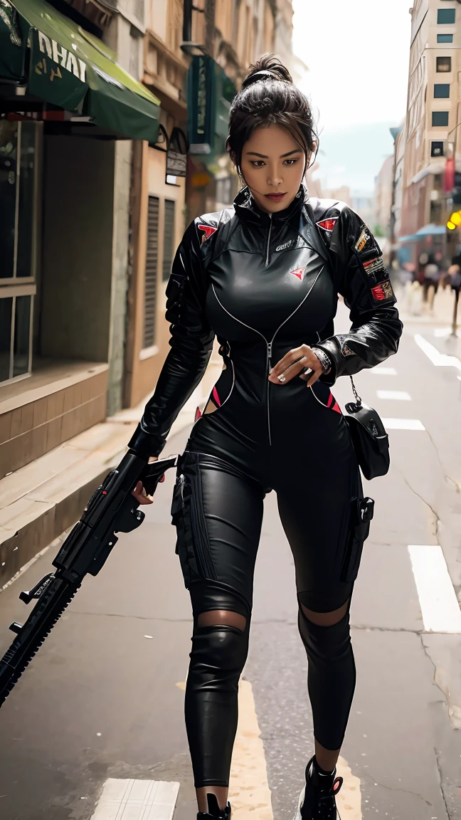 1girl, weapon, rain, gun, solo, helmet, holding, science_fiction, assault_rifle, rifle, breasts, holding_weapon, full_body, ponytail, bodysuit, holding_gun, standing, walking, cyberpunk, armor, black_hair