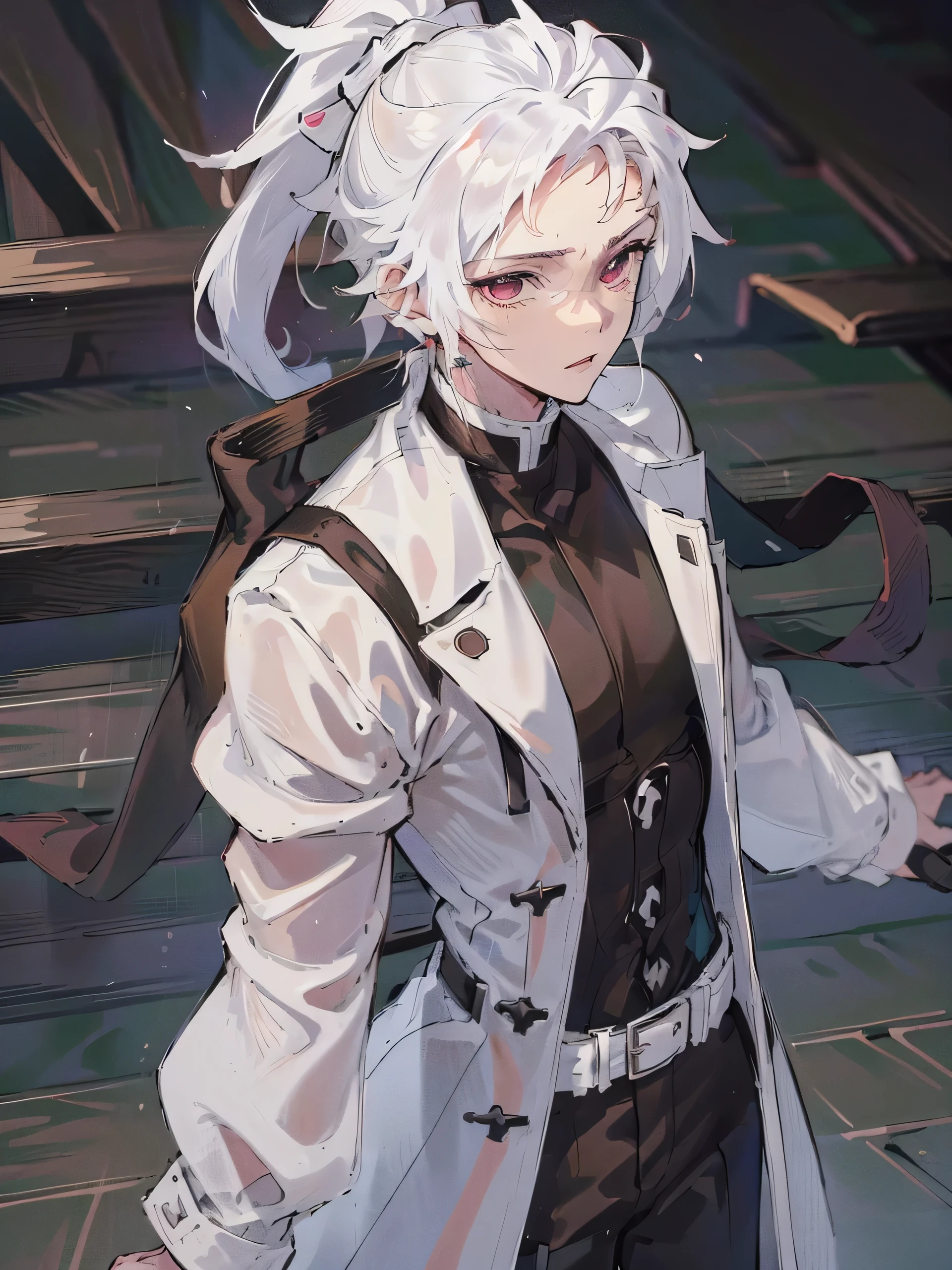 Man, male face, slightly muscular, alone, white trench coat, cargo pants, black combat boots, white hair, white ponytail, ponytail, blindfold, blindfold, scars, leather holsters, black holsters, forest background, forest, no crowd, looking at viewer, side looking