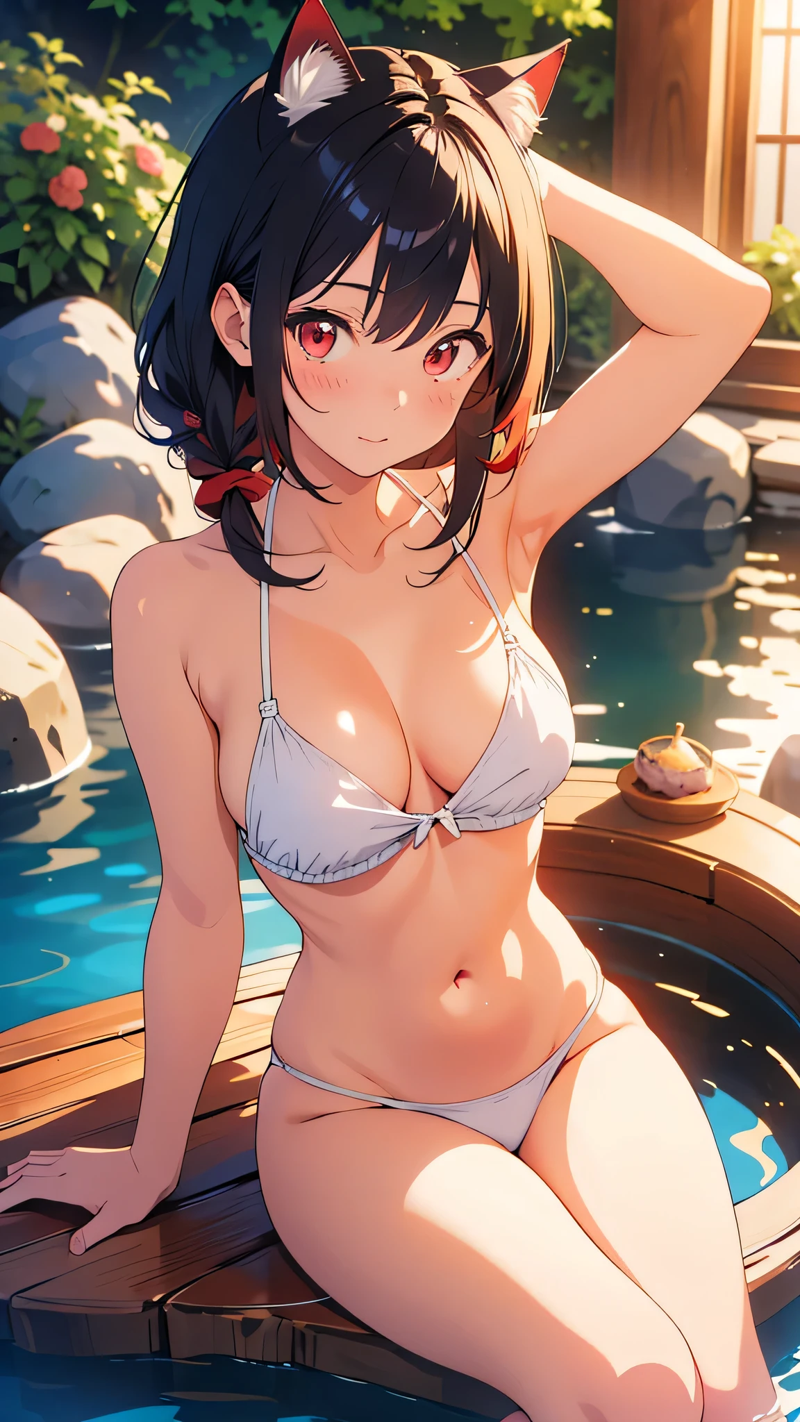 (Best Quality, masterpiece:1.2), (Anime style, Comic Core:1.1),1girl, cute-style, Adorable, extremely detailed eyes, very detailed hair, towel, 8K, resolution, cat girl, cat ears, red eyes, black hair, breasts, hot springs, onsen