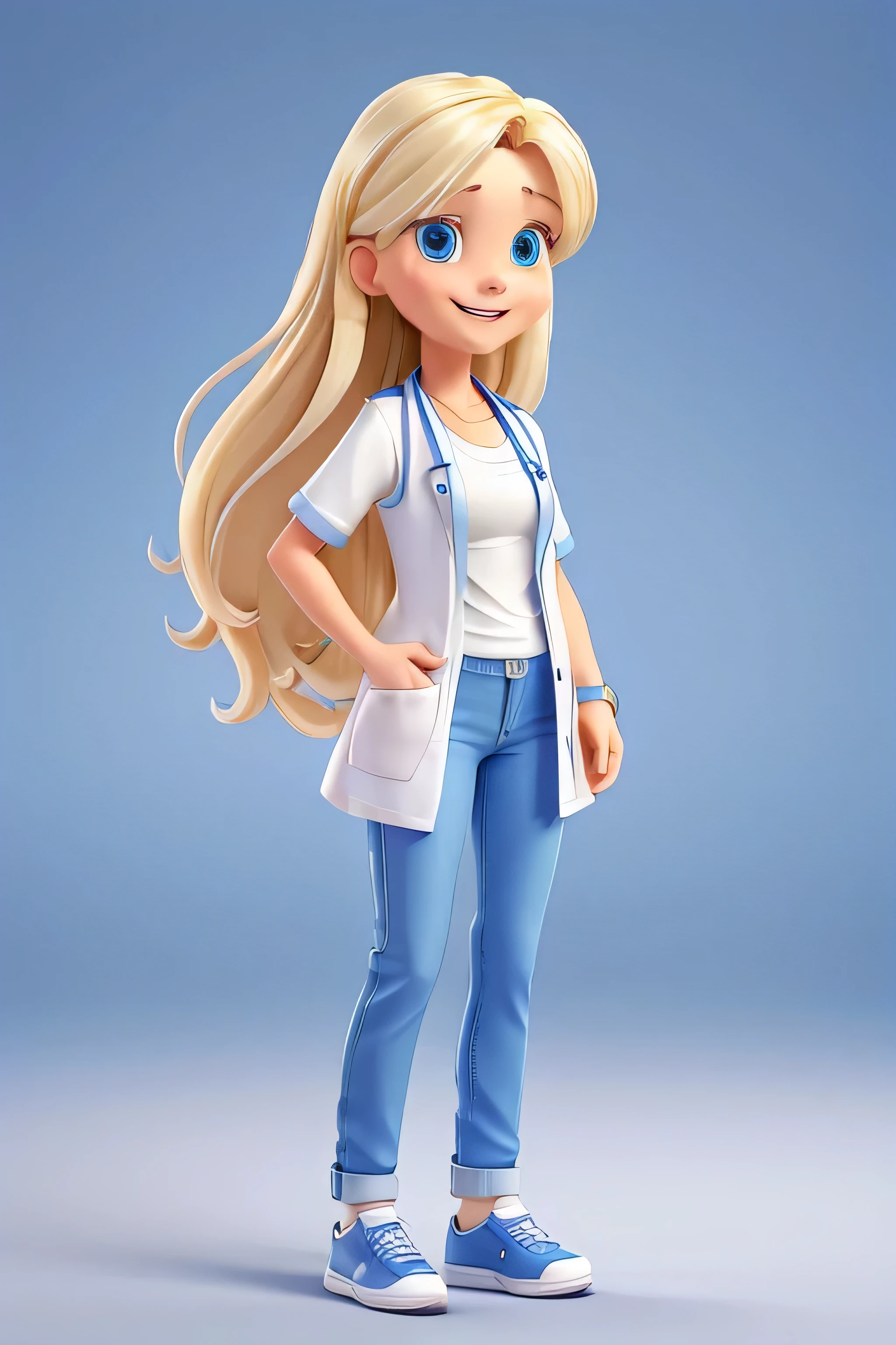 woman doctor wearing a white medical gown, middle age, blue eyes, smiling, open mouth, full body portrait, blonde, long hair, blue eyes, patient, standing up in front of viewer, smiling at camera, confident pose, wearing casual clothes, jeans and all star sneakers,