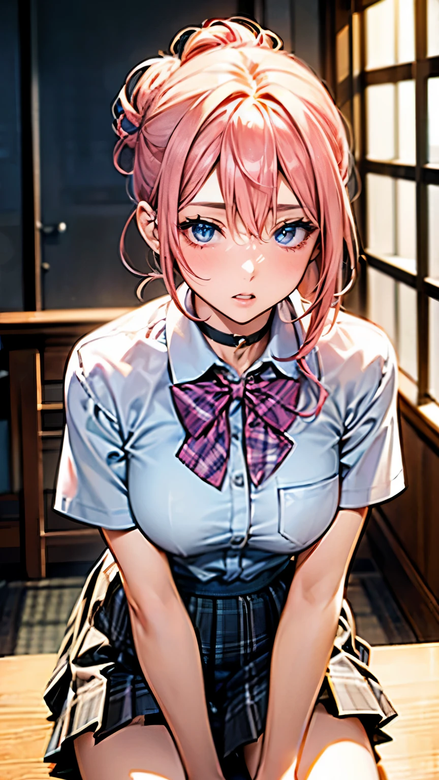 highest quality, masterpiece, 8K, photorealist, ultra high resolution, very delicate and beautiful, HDR, cinematic lighting, medium shot, portrait, perfect female body, Beautiful woman, mature woman, contrasting, put something on your head, looking at the viewer, beautiful illustrations, 1 girl, Japanese, high School girl, ((chignon:1.7, straight hair, pink hair:1.3)), blown hair, bangs, hair between eyes, medium breasts:1.8,
beautiful hair, beautiful and detailed eyes, beautiful clavicle, beautiful breasts, beautiful thighs, beautiful feet, beautiful fingers,
(beautiful scenery), , School,
((collared short sleeve shirt, white shirt, , Grey plaid pleated skirt, blue plaid bow tie, choker)),
(Are standing, grab the hem of the skirt, put your hand on your chest, hand between legs, leaning forward),
blush, (shining eyes:1.6)