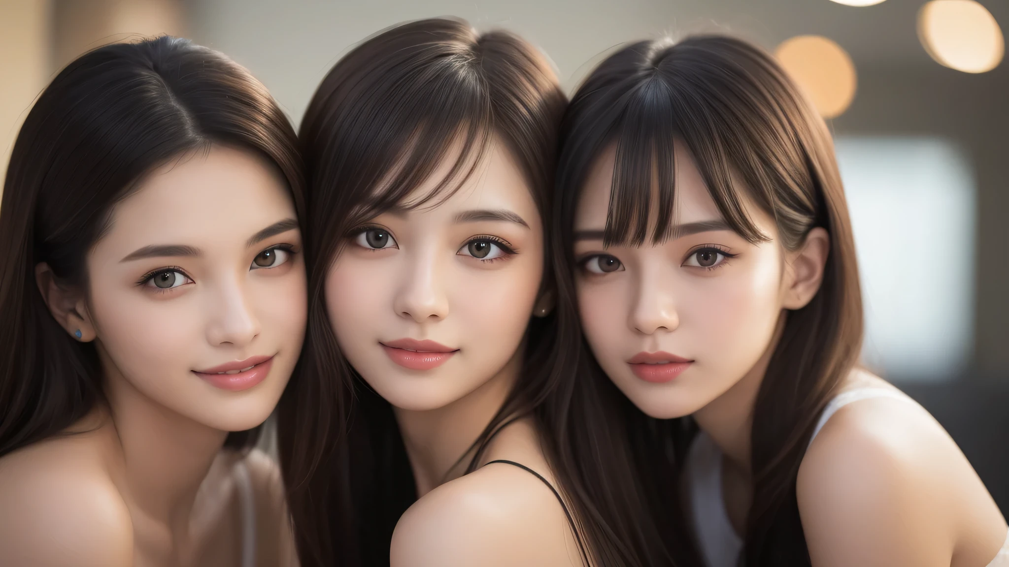 (3girls), 18yo, beautiful face, Amazing face and eyes, delicate, off shoulder, (Best Quality:1.4), (Ultra-detailed), (extremely detailed beautiful face), cute smile, brown eyes, (highly detailed Beautiful face), (extremely detailed CG unified 8k wallpaper), Highly detailed, High-definition raw color photos, Professional Photography, Realistic portrait, Extremely high resolution, modern, trendy, fashionable,