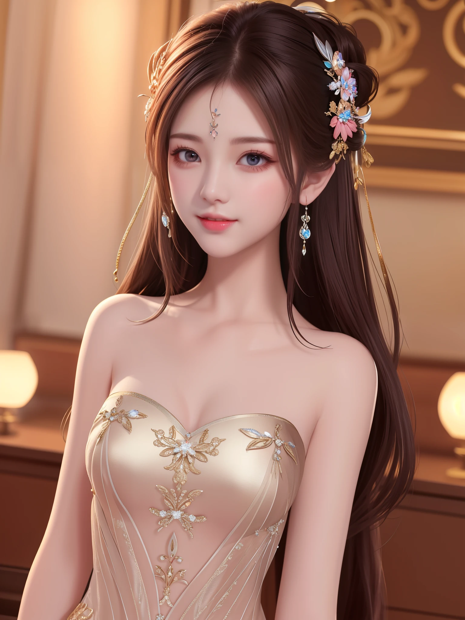 Best quality、a masterpiece、high resolution、1girl、nude, Beautiful face、hair decoration、viewer looking、smile,、Close mouth、Lips、Sexy beautiful legs, hair decoration、long hair、ears、beautiful face、On body、Tindal effect、full body nakedness, realism、Shadow Studio、Edge lighting、Two-color light、(highdetailedskin:  1.2)、8k UHD、DSLR、softlighting、High quality,Volumetric light,photo of,4K high resolution,8k,Background blur