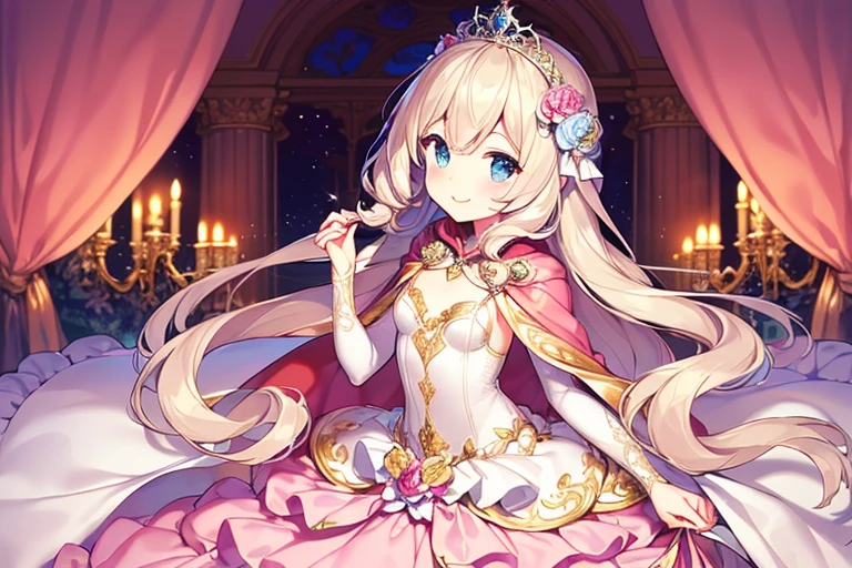 (kawaii),(best quality),(ultra detailed),(rococo style),(long train pastel pink cape:1.15), very long cape,(long train white ball gown with flower decorations:1.1), a girl is wearing a cape over her gown, 1 little princess, tiara, smile, very long hair, small breasts, beautiful detailed eyes, beautiful detailed lips