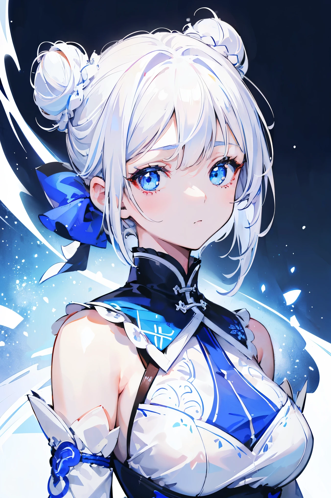 (Girl1,round face,blue eyes),(white hair,bun hairstyle),(short white Qipao Dress,The dress is decorated with beautiful patterns),Highly detailed ,8K wallpapers،Highest quality, high resolution, beautiful lighting,detailed shadow, high resolution،highly detailed,(detailed faces and eyes,realistic eyes)