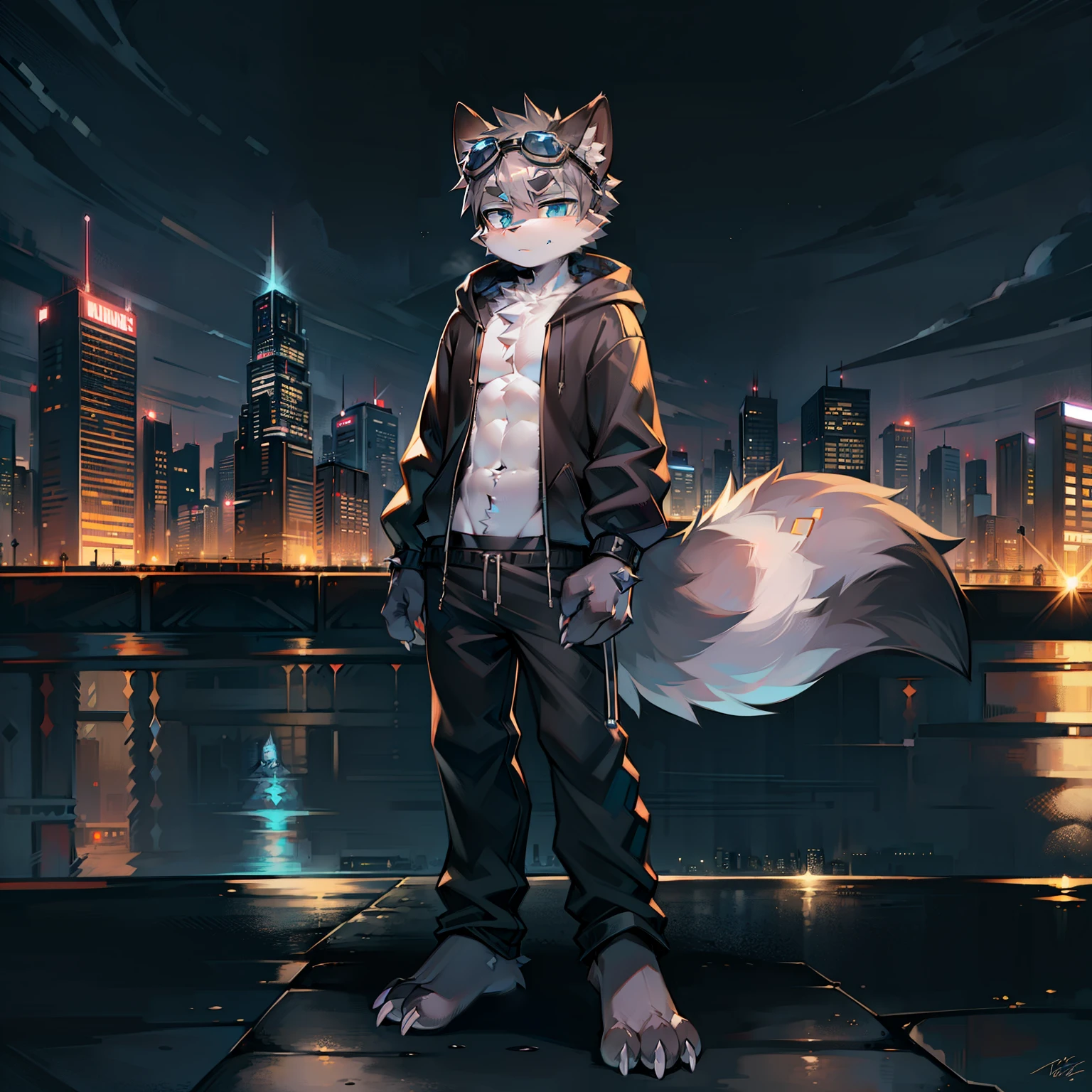 Furry, ager, raccoon, grey hair, spiked hair, Detailed body fur, Blue scarf, blue eyes, Black baggy pants, black hoodie, hoodie is open, goggles, tmasterpiece, looking away, Transparent gray body hair, Detailed face, big eyebrows, detailed eyes, Detailed body, No muscles, city skyline, Detailed hands, Flat body, glistening body, Skinny, Claws have three toes, Detailed paws, no shadow, absurd res