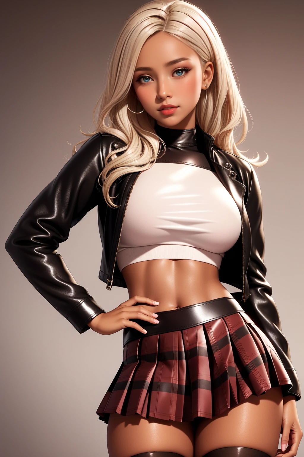 ultra-realistic, 1 girl, dark tanned skin, platinum blonde hair, Brown eyes, improve, sparkling eyes, leather jacket, crop top sweater, Class, pleated plaid skirt, parted lips, blush, tights