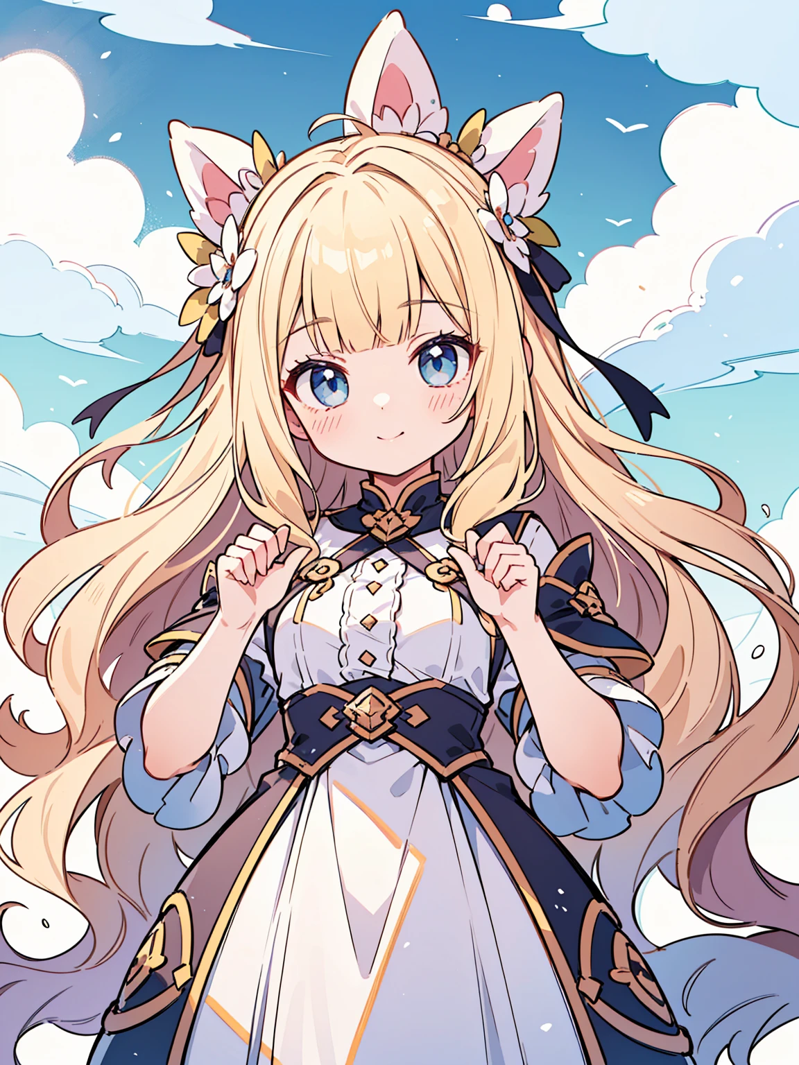 High quality, Ultra detailed, best quality, insanely detailed, masterpiece, beautiful illustrations, highest quality, pretty girl, ((very cute)), ((lovely)), ((sweet body)), 1girl, standing, pastel colour, blonde hair, wavy long hair, (blunt bangs), caucasian, bright lighting, sky-blue eyes, soft smile, looking at viewer