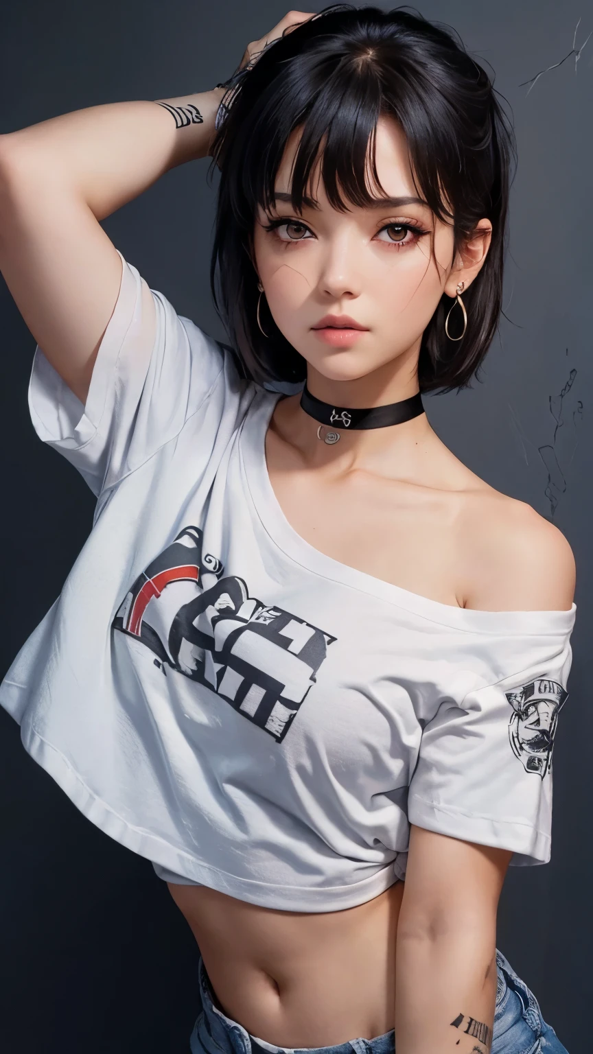 1girl, bandage over one eye, bandaged arm, bandaged hand, bandaged neck, bandages, bandaid, bangs, black choker, brown hair, choker, collarbone, cross earrings, earrings, eyepatch, grey background, jewelry, looking at viewer, red eyes, shirt, short sleeves, solo, t-shirt, tattoo, upper body, white shirt