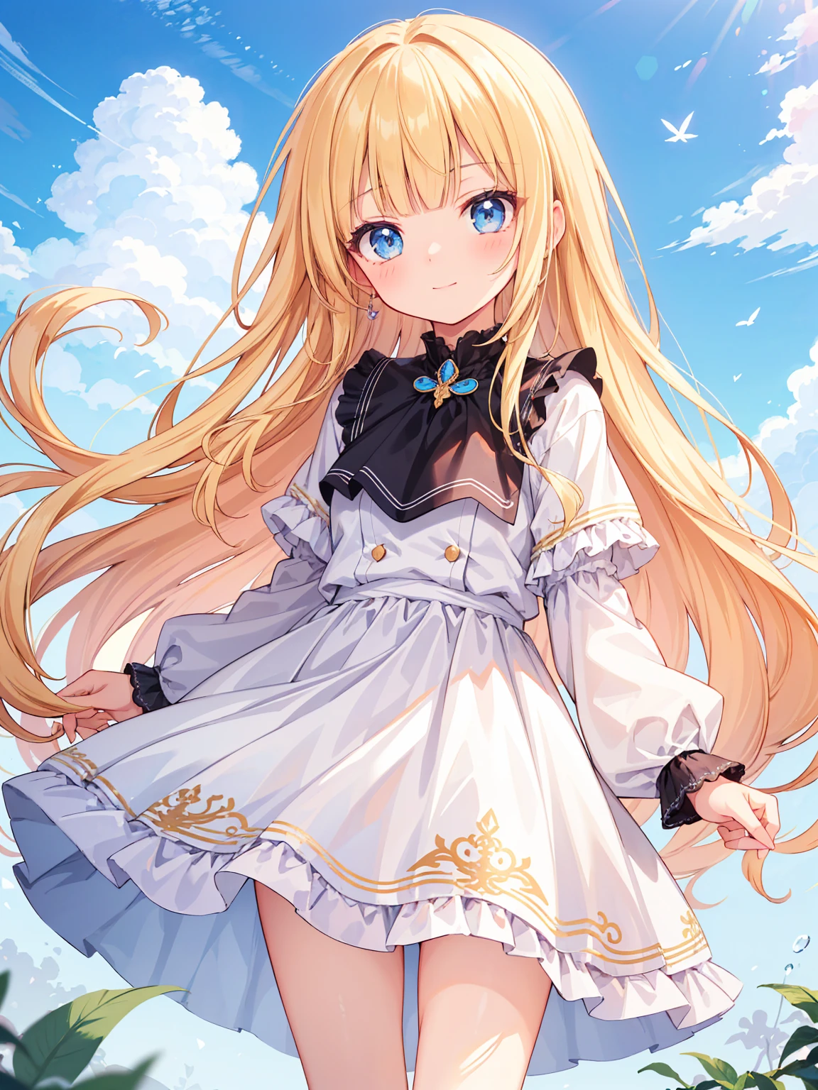 High quality, Ultra detailed, best quality, insanely detailed, masterpiece, beautiful illustrations, highest quality, pretty girl, ((very cute)), ((lovely)), ((sweet body)), 1girl, standing, pastel colour, blonde hair, wavy long hair, (blunt bangs), caucasian, bright lighting, sky-blue eyes, soft smile, looking at viewer