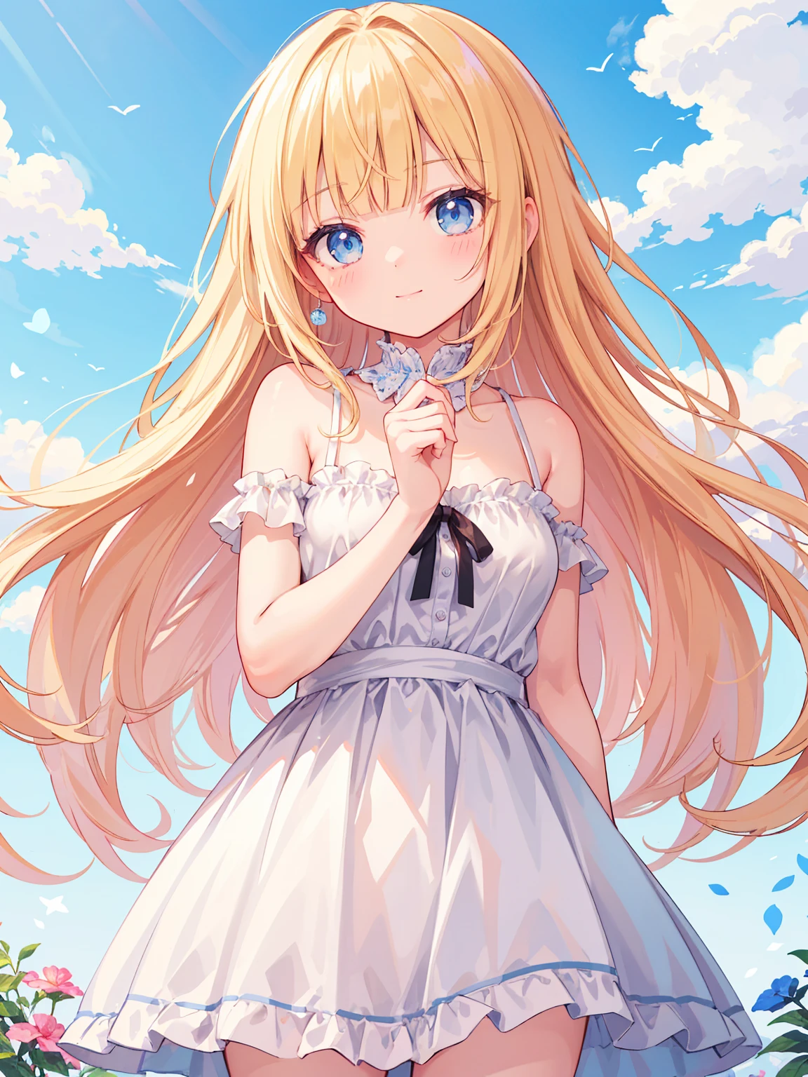 High quality, Ultra detailed, best quality, insanely detailed, masterpiece, beautiful illustrations, highest quality, pretty girl, ((very cute)), ((lovely)), ((sweet body)), 1girl, standing, pastel colour, blonde hair, wavy long hair, (blunt bangs), caucasian, bright lighting, sky-blue eyes, soft smile, looking at viewer