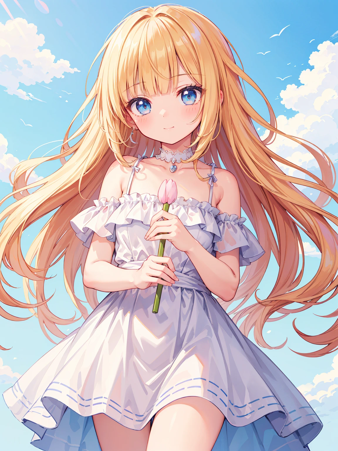 High quality, Ultra detailed, best quality, insanely detailed, masterpiece, beautiful illustrations, highest quality, pretty girl, ((very cute)), ((lovely)), ((sweet body)), 1girl, standing, pastel colour, blonde hair, wavy long hair, (blunt bangs), caucasian, bright lighting, sky-blue eyes, soft smile, looking at viewer