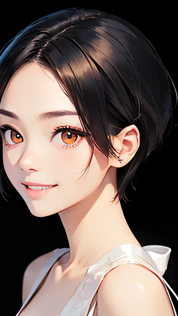 highest quality、Realistic、Women、zoom、cute、Orange Eyes、black hair、Bun Hair、kimono、White Lingerie、smile、Looking down、smile、Bust Shot、　