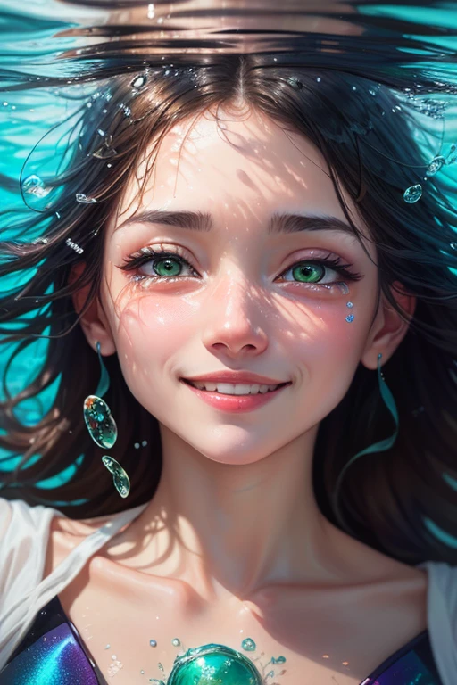 girl swimming underwater, Super detailed rendering style, shine, yellow, green, I will polish, Surreal oil painting, shining eyes, tears, smile, tears目, close-up of the head, exaggerated perspective, Tyndall effect, water droplets , mother of pearl iridescent, holographic white, black background,kimono