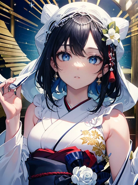 A (masterpiece, of the highest quality, ultra-detailed), featuring short black and navy hair, with mouth open, laughing, expressing great joy, finely sculpted facial features, blue eyes, and fair skin, at a Japanese wedding, adorned in a white bridal kimono (shirokakeshita) with a decorative hood, with sparkling eyes.