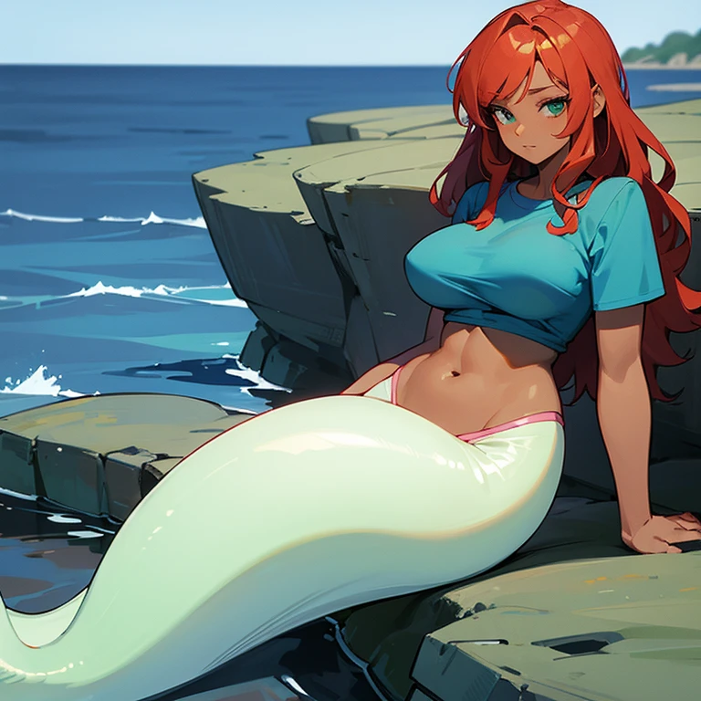 ((Quality: masterpiece, best quality, UHD, anatomically correct, photo realism, textured and detailed skin, skin pores, skin imperfections, textured and detailed hair, volumetric lighting)), whimsical and creative artist woman with a palette of vibrant colors, underwater (((mermaid))), red hair, naked, nude, erotic