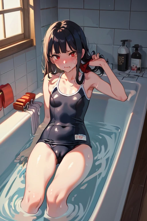 school swimwear, one piece swimsuit, black hair, Taking a bath，bathtub，hot water bath，Watery eye, Punishment, Withstands the heat, crying face, steam, scream, whole bodyがお湯の中, bright red skin, in agony, Desperately struggling, Being boiled, Like a TV show, whole body