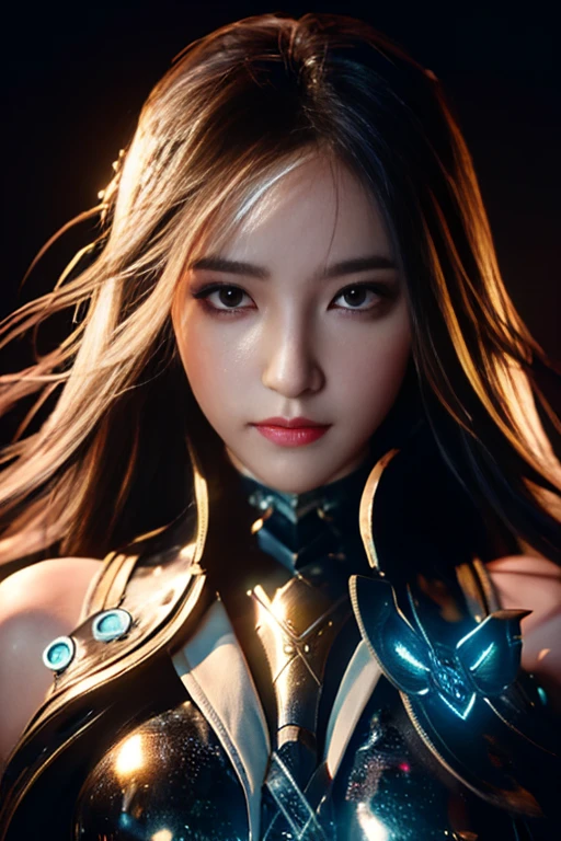 Portrait of a beautiful girl with wavy white hair, Wear a formal black dress with metallic pieces., conjunctivitis, Initials in the background, digital painting, dark color, 8k, complicated details, vintage, สไตล์ย้อนยุคแห่งfuture, Sharp focus on the center, pastel colors, art station, (sci-fi, future, future theme), (The expression was disdainful.), (Full picture:1.4),(detailed illustration)
