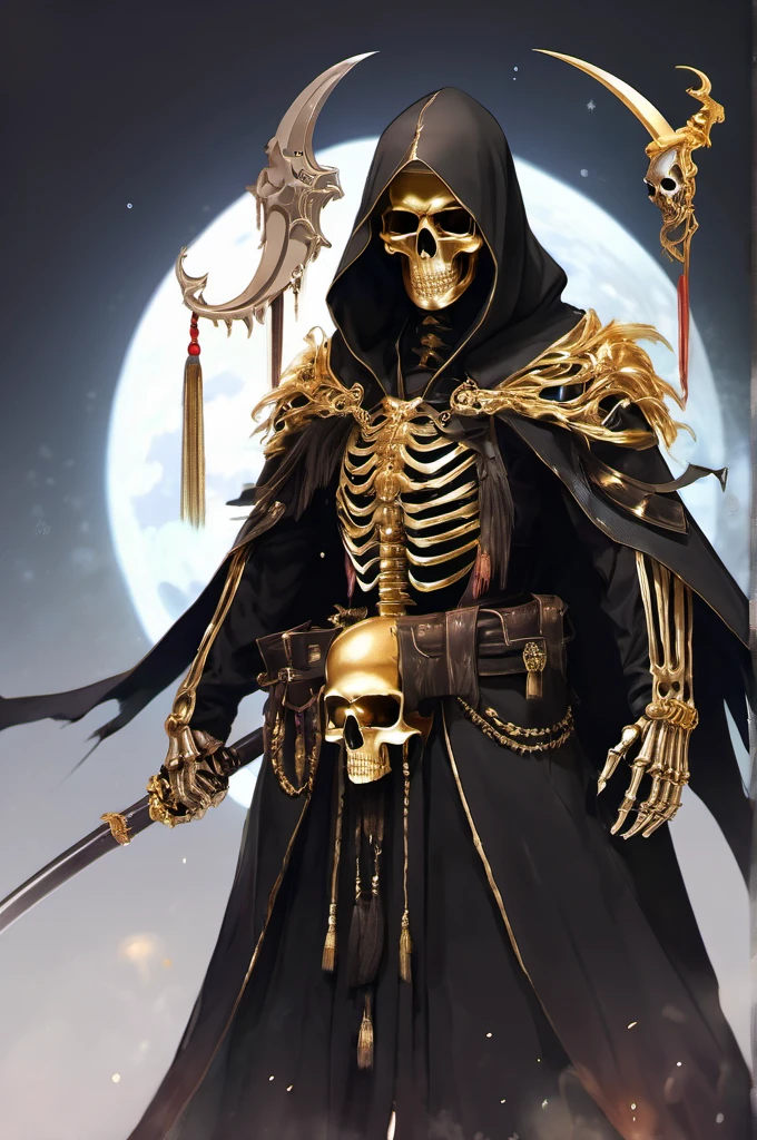 (Masterpiece), (Best quality), 1 girl, (shinigami),(breathingfire:1.5)， gazing, standing, watch audience, A cloak that covers the whole body, (Skeleton decorated robes), (A gold skull pendant hangs from his waist), (Armed with a death scythe:1.2), Transparent gold glowing gold skeleton, Skull boots, nipple tassels, Fire,fenghuang