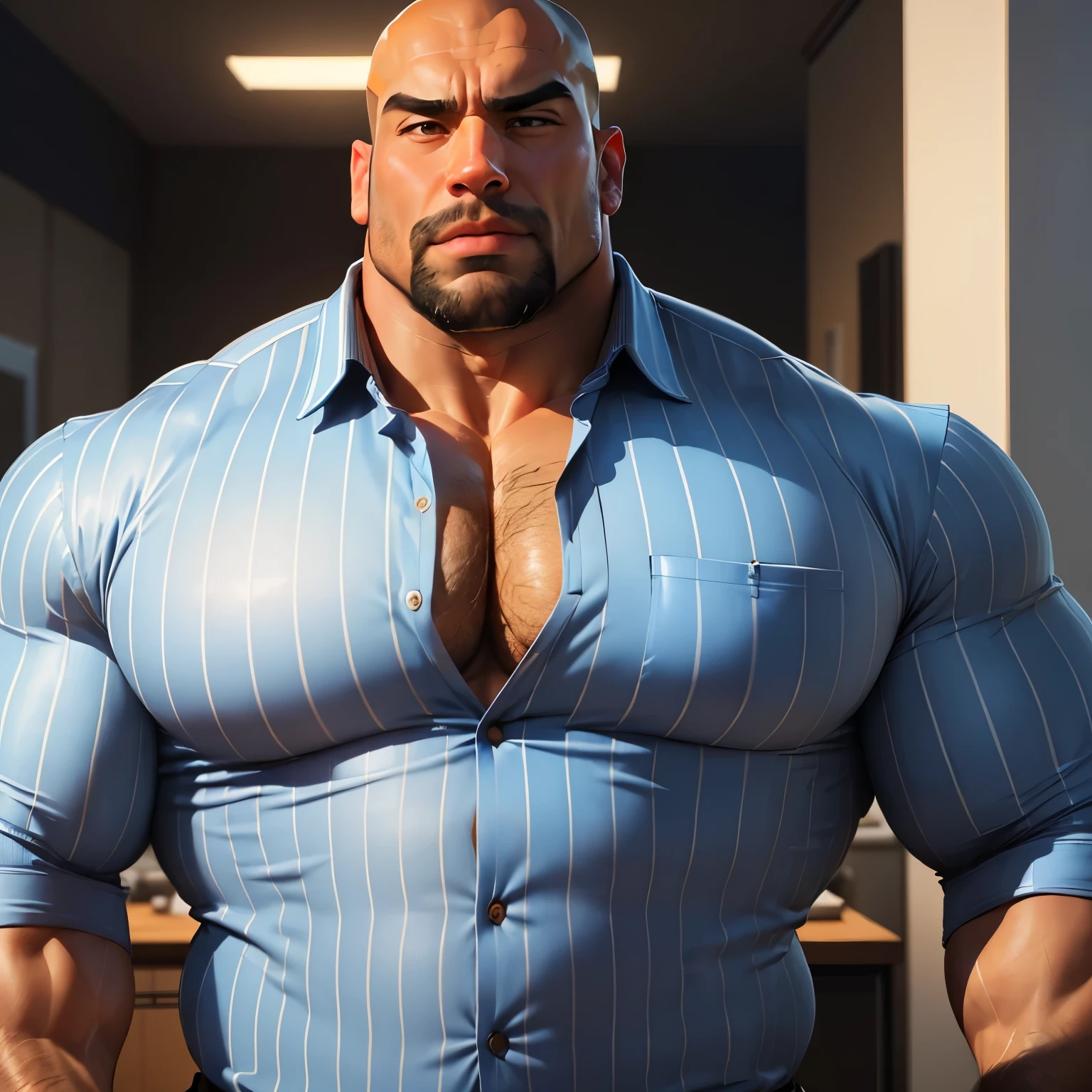 an exaggeratedly muscular and large bald bodyguard, beefy build, beard, mixed race, tan skin, surprised expression, (wearing striped blue business casual buttoned shirt: 1.2), name tag, (bara pecs: 1.3), (arm and chest hair: 1.1), close-up portrait HD, bright corporate office with large windows