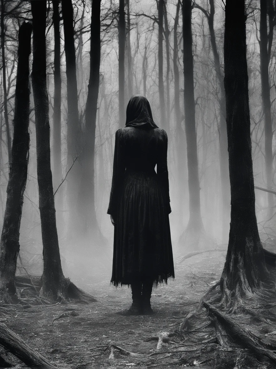 Best resolution, black and white image of a girl standing with her head bowed in sadness and despair in a dark forest. People surround her, reaching out to her, welcoming her warmly, heavy and desolate atmosphere, abandonment and a sense of loneliness.'' The girl's expression shows loneliness and sadness, conveying a sense of loss. The surrounding forest is dense and eerie, the trees shrouded in darkness emphasize the girl's loneliness, and the overall atmosphere evokes a sense of melancholy and abandonment.